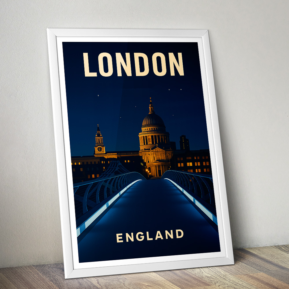 LONDON ST PAULS AND MILLENNIUM BRIDGE AT NIGHT MINIMALIST TRAVEL POSTER