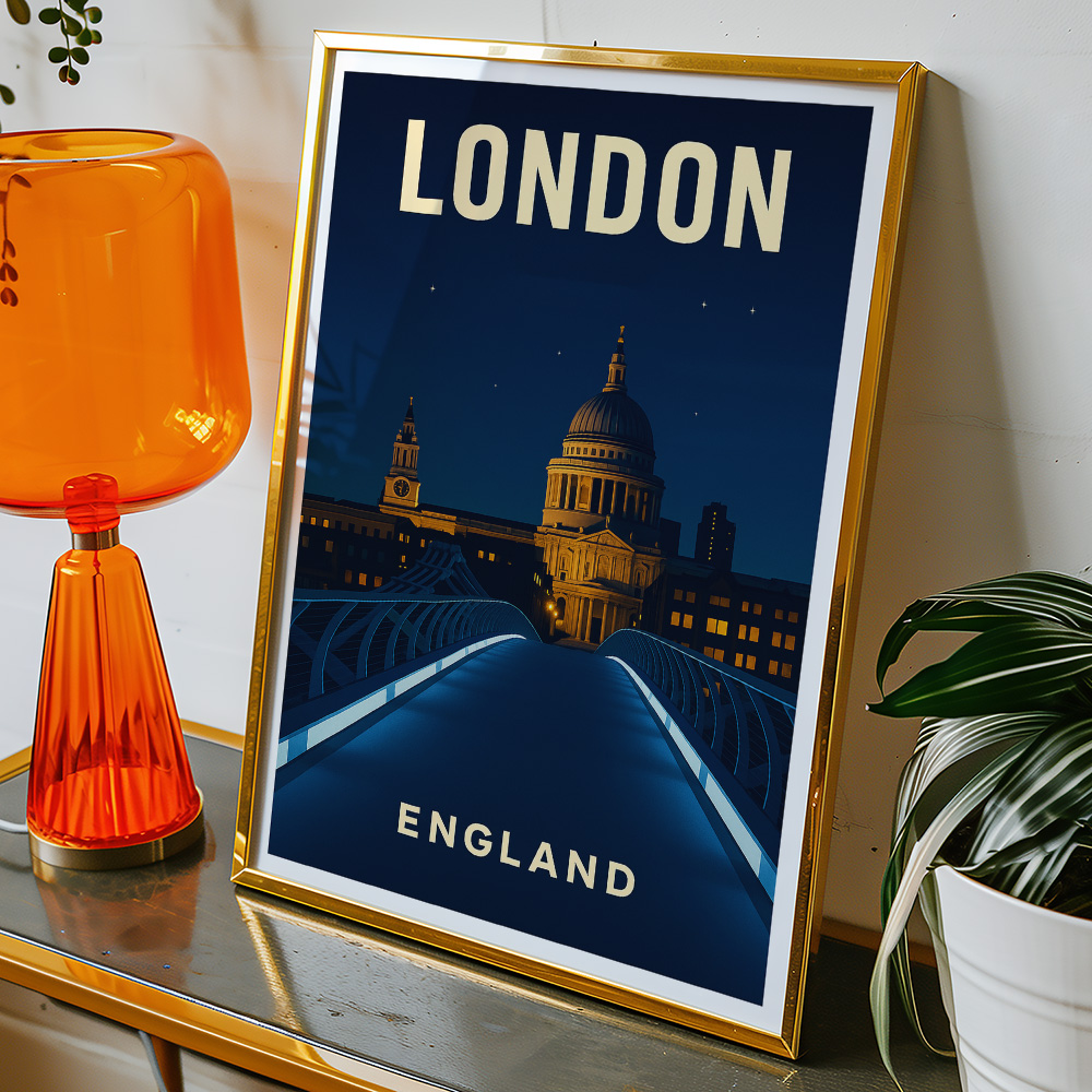 Alternative view of LONDON ST PAULS AND MILLENNIUM BRIDGE AT NIGHT MINIMALIST TRAVEL POSTER
