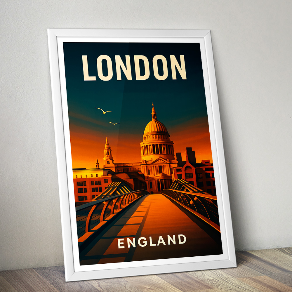 LONDON ST PAULS AND MILLENNIUM BRIDGE AT SUNSET MINIMALIST TRAVEL POSTER
