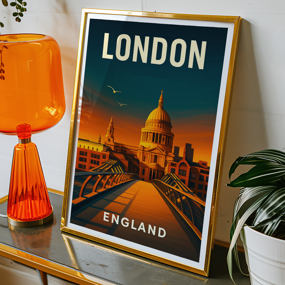 Alternative view of LONDON ST PAULS AND MILLENNIUM BRIDGE AT SUNSET MINIMALIST TRAVEL POSTER