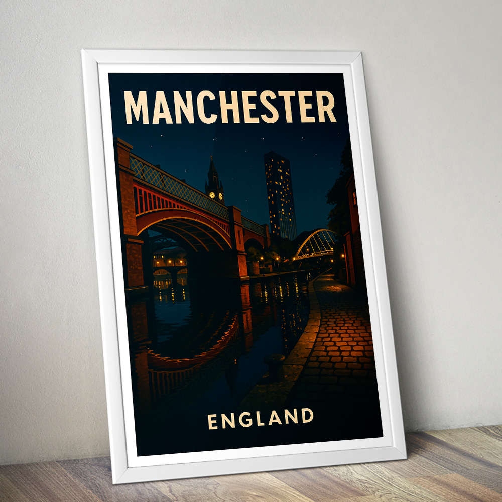 MANCHESTER CANALS AT NIGHT MINIMALIST TRAVEL POSTER NORTH WEST
