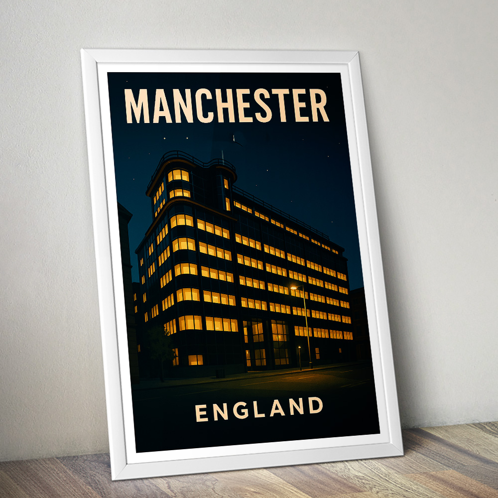 MANCHESTER DAILY EXPRESS BUILDING AT NIGHT MINIMALIST TRAVEL POSTER NORTH WEST