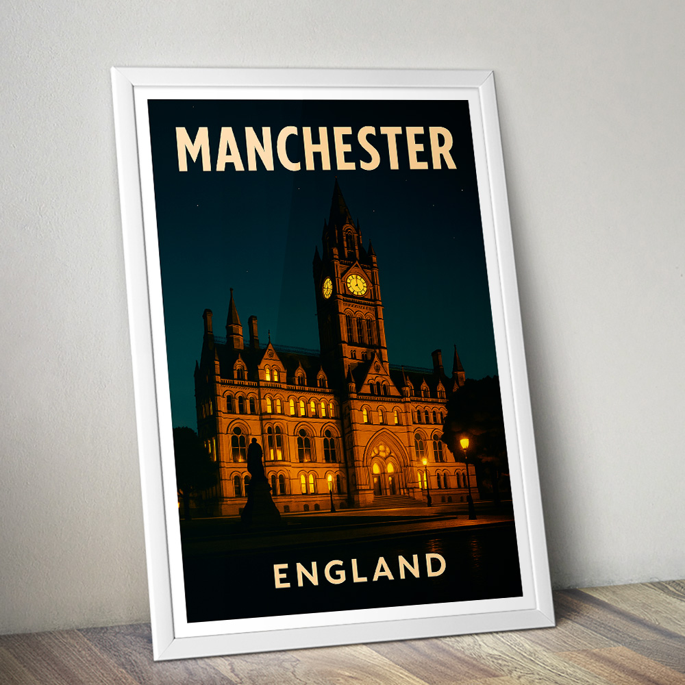 MANCHESTER TOWN HALL BY NIGHT MINIMALIST TRAVEL POSTER NORTH WEST
