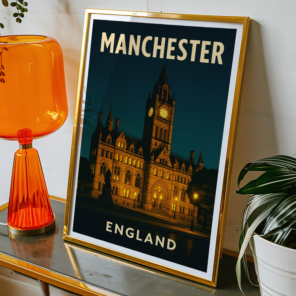 Alternative view of MANCHESTER TOWN HALL BY NIGHT MINIMALIST TRAVEL POSTER NORTH WEST