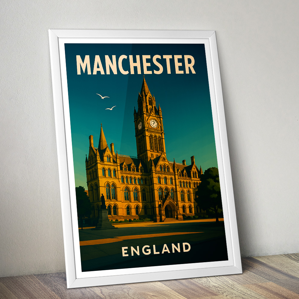 MANCHESTER TOWN HALL IN SUNLIGHT MINIMALIST TRAVEL POSTER NORTH WEST