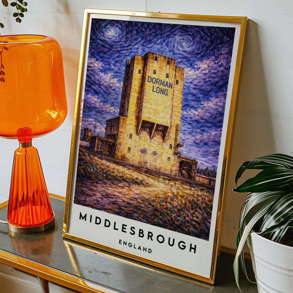 Alternative view of MIDDLESBROUGH DORMAN LONG TOWER AT NIGHT VAN GOGH STYLE TRAVEL POSTER NORTH EAST