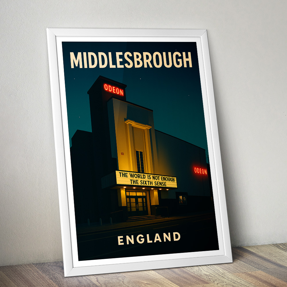 MIDDLESBROUGH ODEON CINEMA AT NIGHT MINIMALIST TRAVEL POSTER NORTH EAST