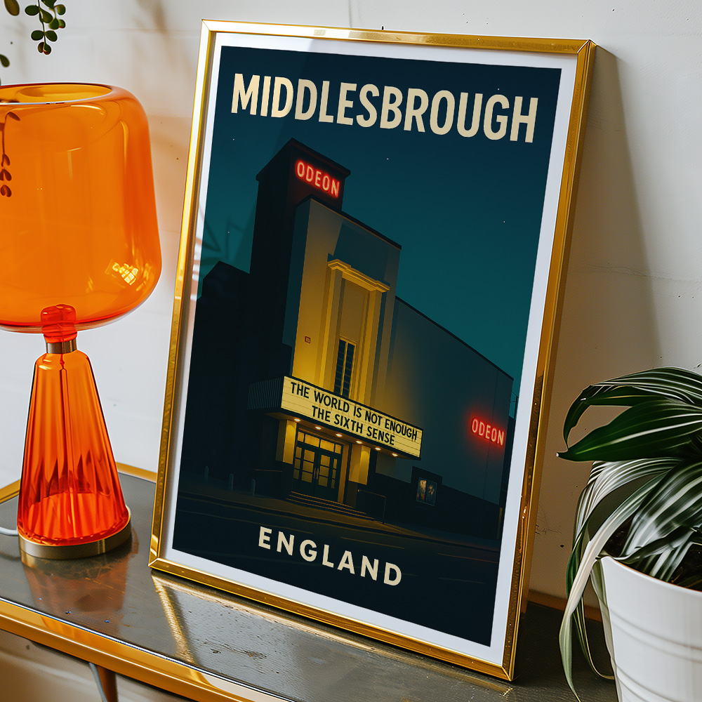 Alternative view of MIDDLESBROUGH ODEON CINEMA AT NIGHT MINIMALIST TRAVEL POSTER NORTH EAST