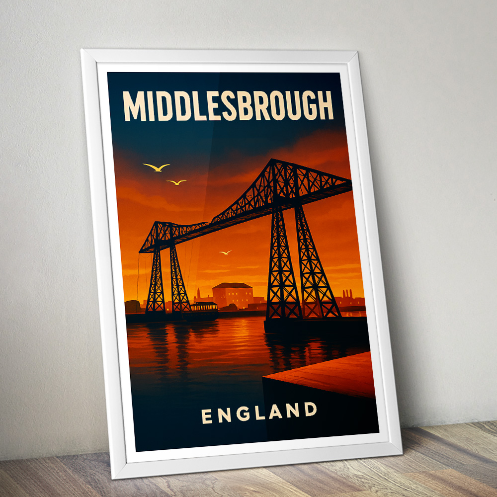 MIDDLESBROUGH SUNSET AT THE TRANSPORTER BRIDGE MINIMALIST TRAVEL POSTER NORTH EAST
