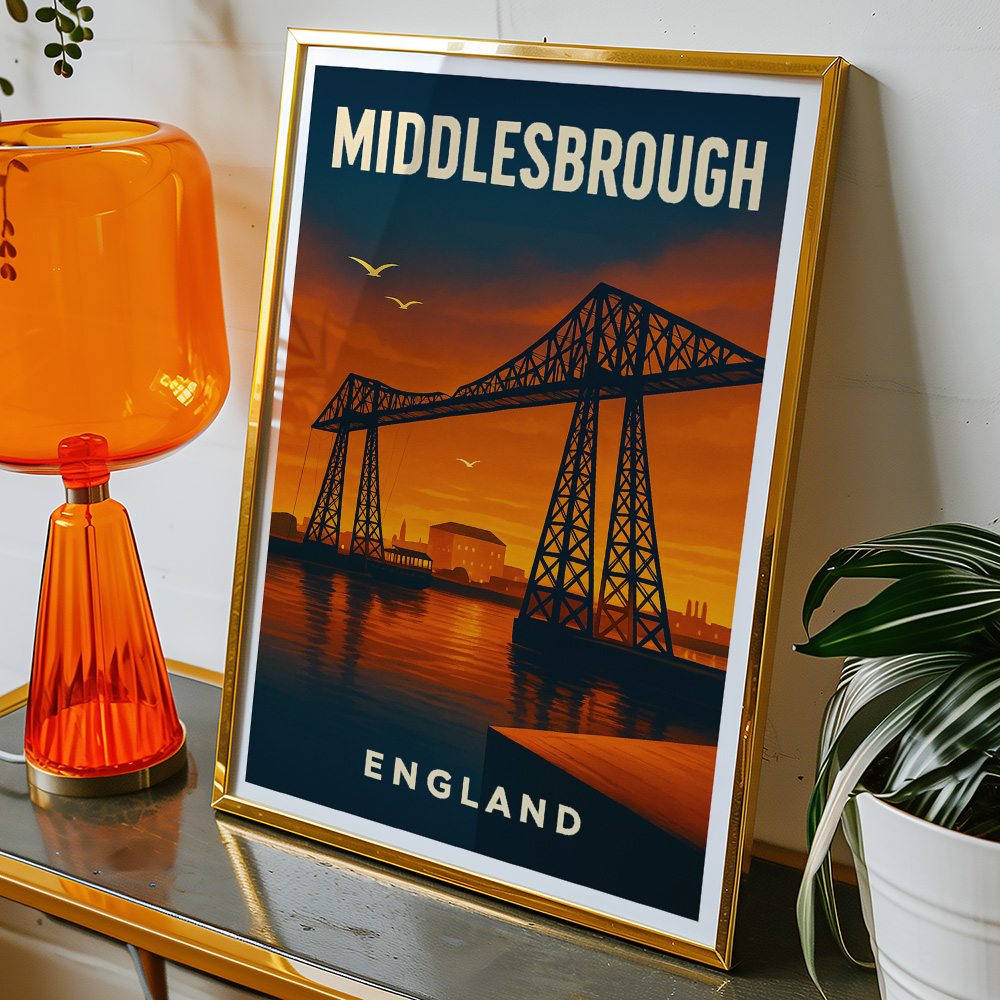 Alternative view of MIDDLESBROUGH SUNSET AT THE TRANSPORTER BRIDGE MINIMALIST TRAVEL POSTER NORTH EAST