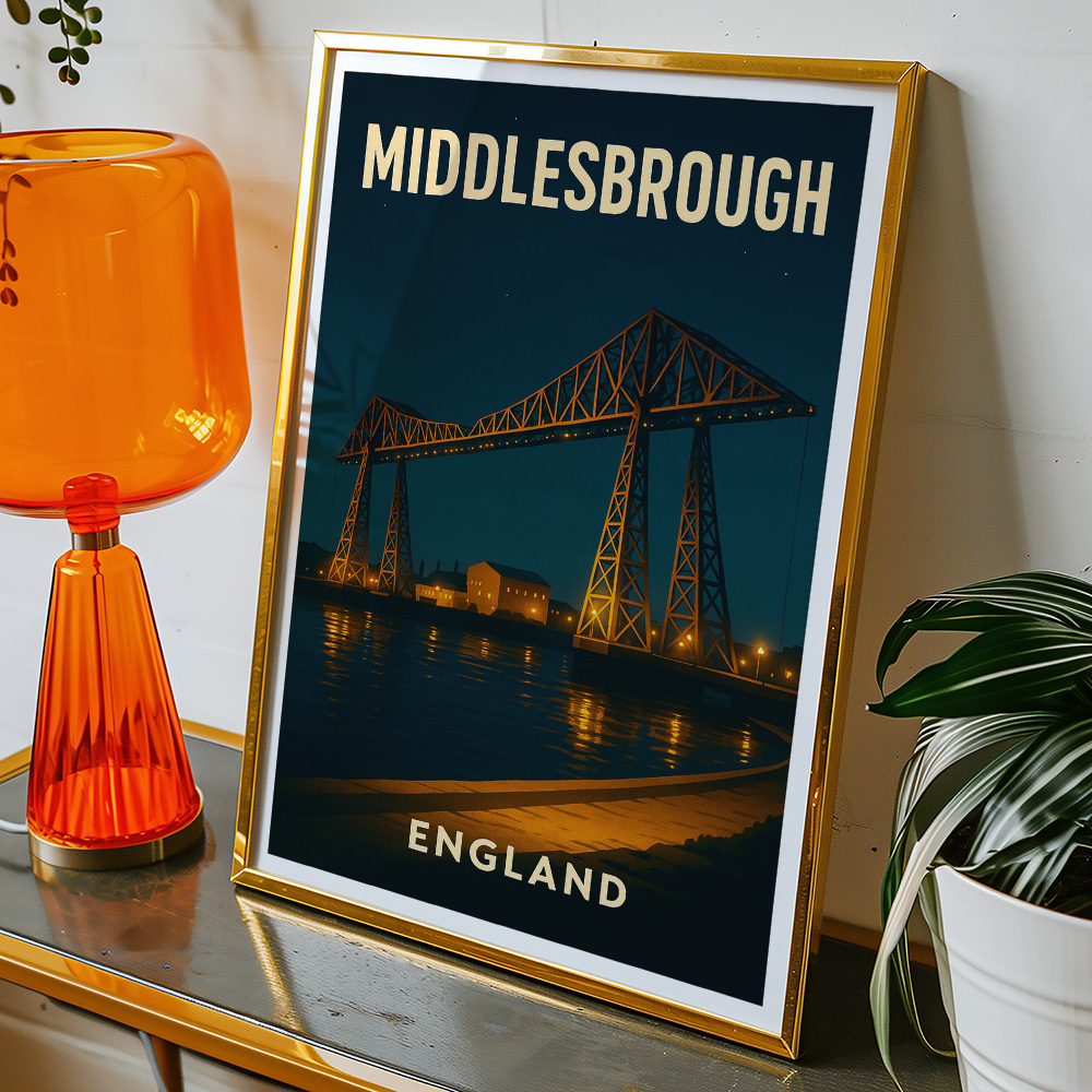 Alternative view of MIDDLESBROUGH TRANSPORTER BRIDGE AT NIGHT MINIMALIST TRAVEL POSTER NORTH EAST