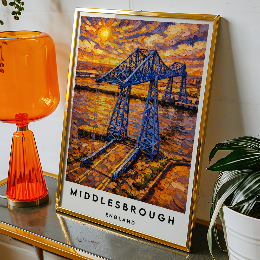 Alternative view of MIDDLESBROUGH TRANSPORTER BRIDGE AT SUNSET VAN GOGH STYLE TRAVEL POSTER NORTH EAST