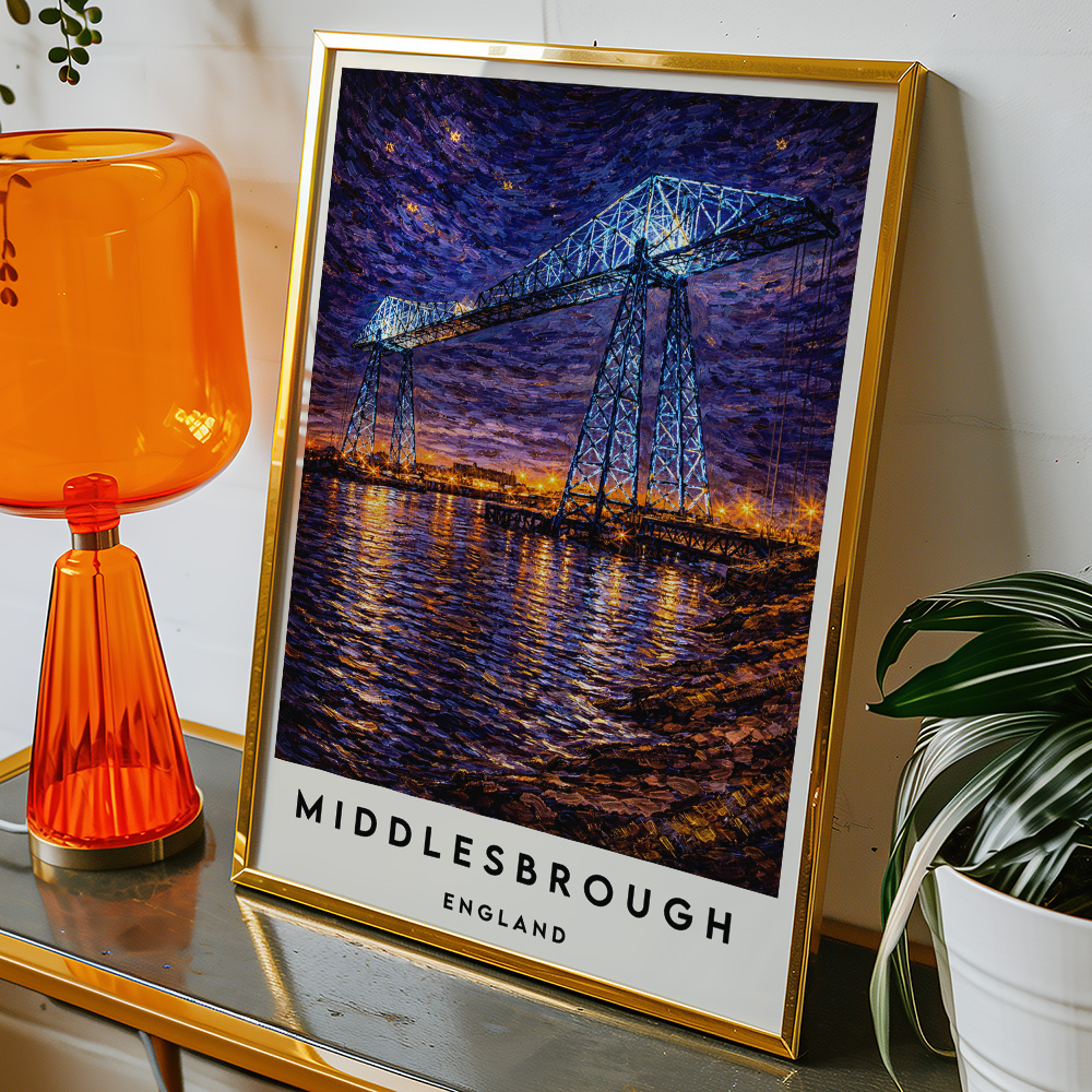 Alternative view of MIDDLESBROUGH TRANSPORTER AT NIGHT VAN GOGH STYLE TRAVEL POSTER NORTH EAST