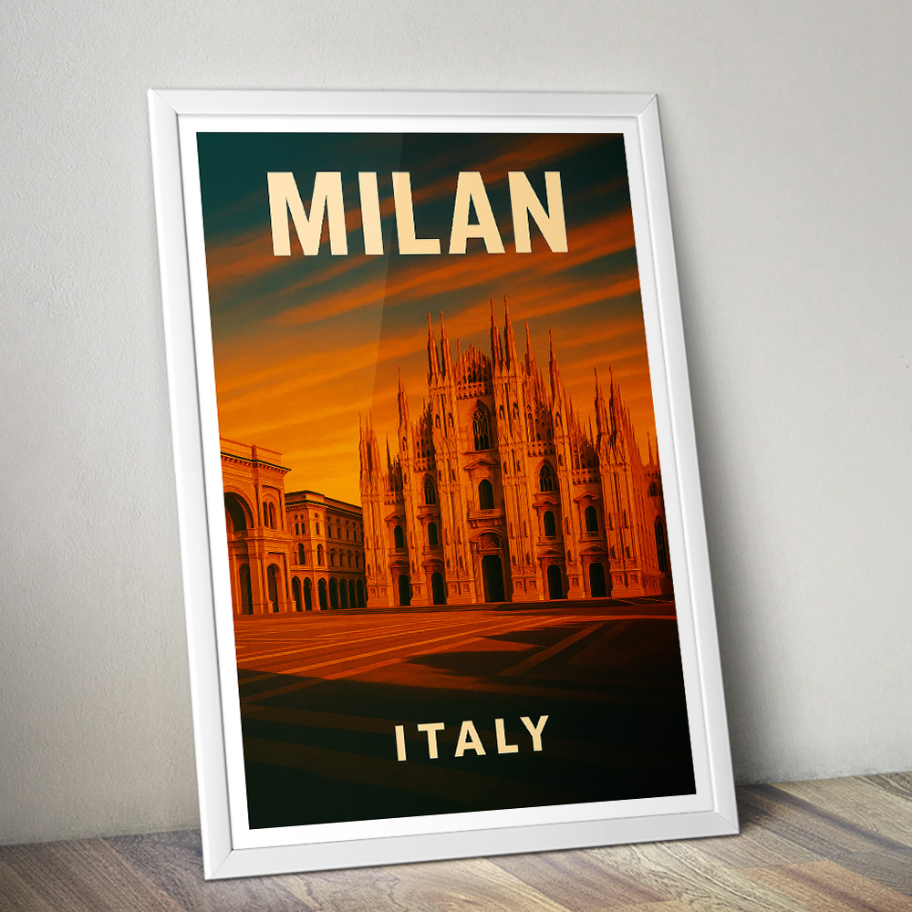 MILAN SUNSET OVER DUOMO AND GALLERIA MINIMALIST TRAVEL POSTER