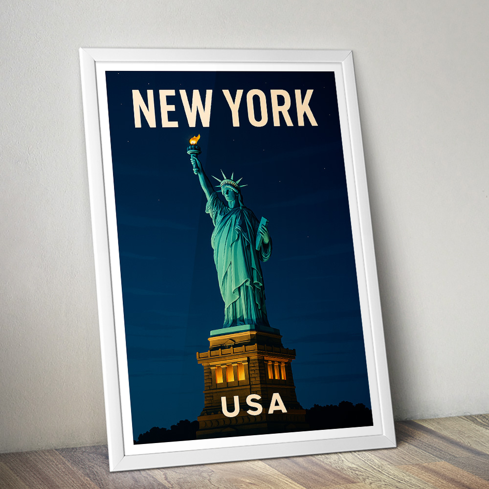 NEW YORK STATUE OF LIBERTY BY NIGHT MINIMALIST TRAVEL POSTER