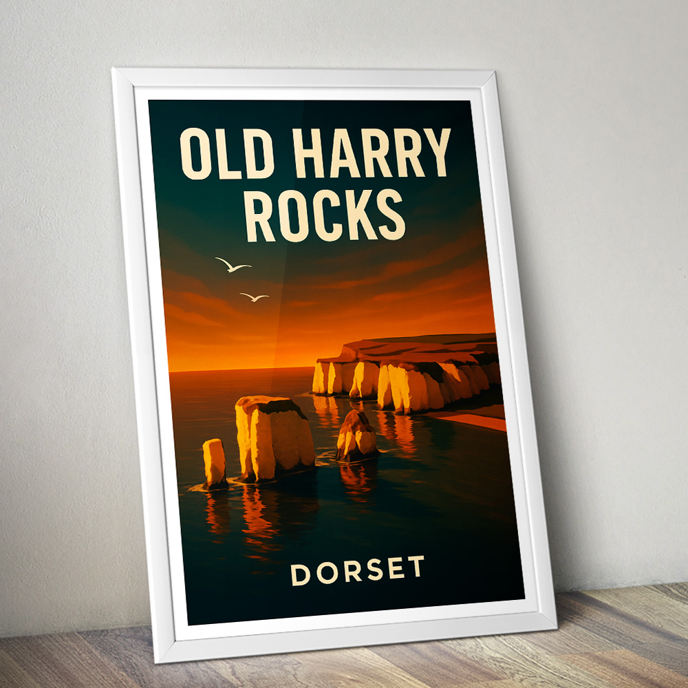 OLD HARRY ROCKS AT SUNSET MINIMALIST TRAVEL POSTER