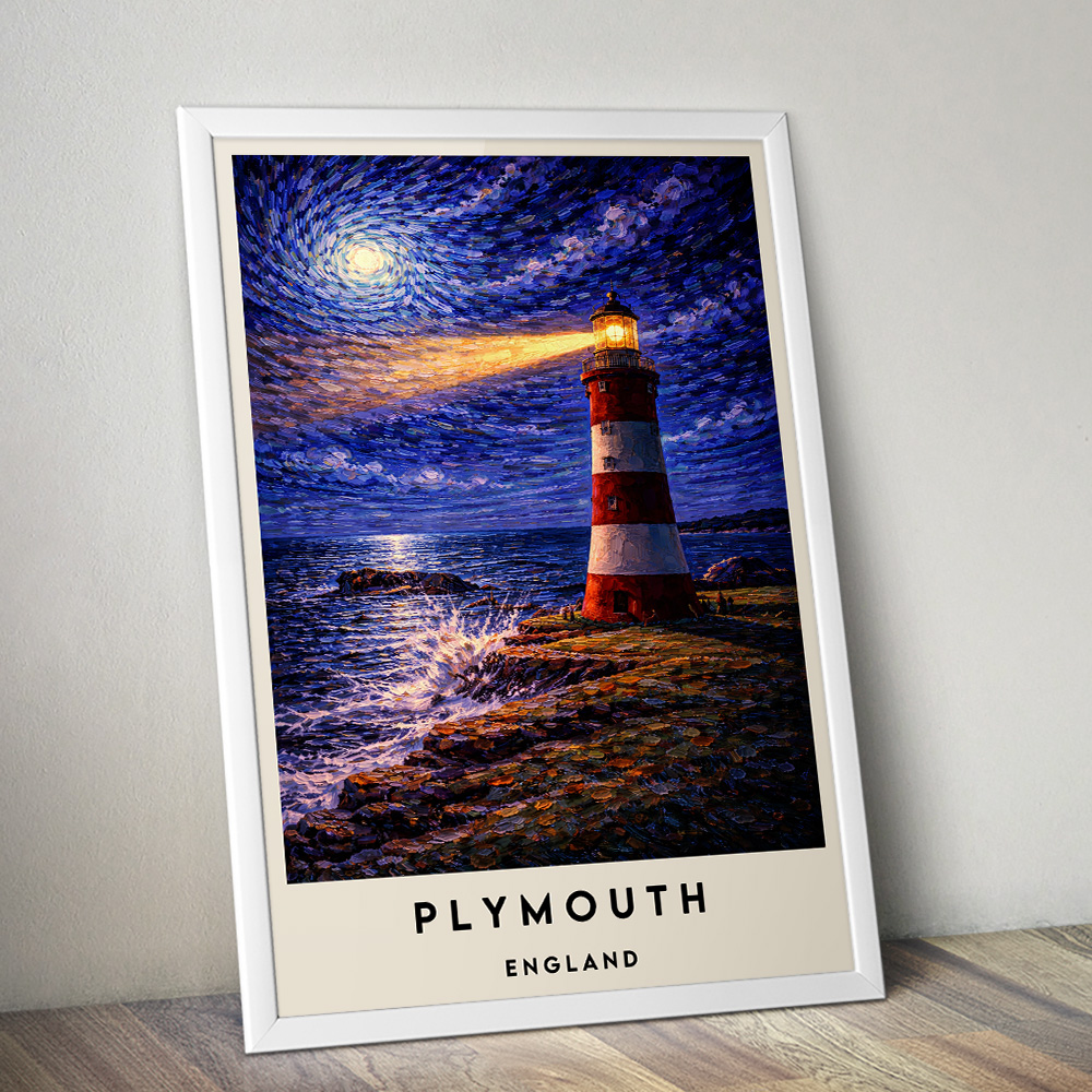 PLYMOUTH SMEATON TOWER AT NIGHT VAN GOGH STYLE TRAVEL POSTER