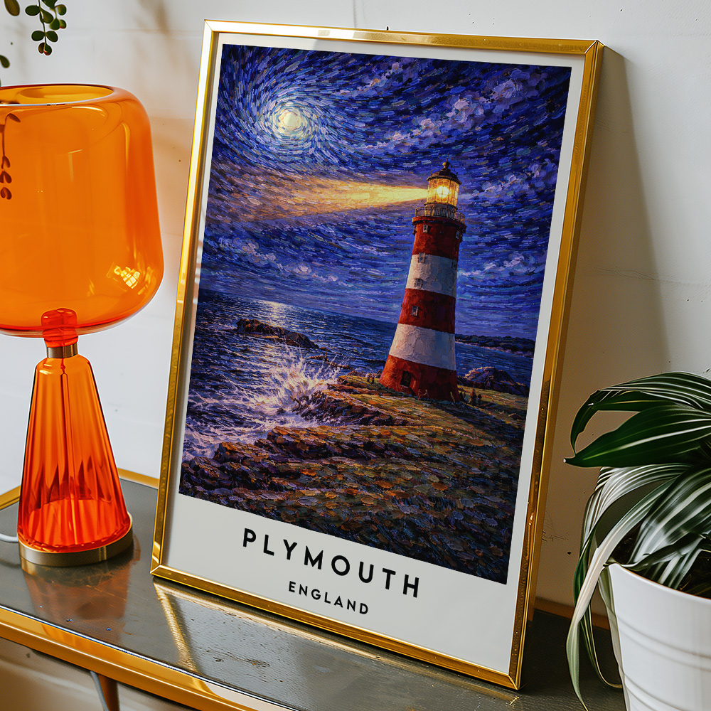Alternative view of PLYMOUTH SMEATON TOWER AT NIGHT VAN GOGH STYLE TRAVEL POSTER