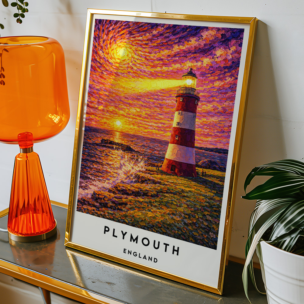Alternative view of PLYMOUTH SMEATON TOWER AT SUNSET VAN GOGH STYLE TRAVEL POSTER