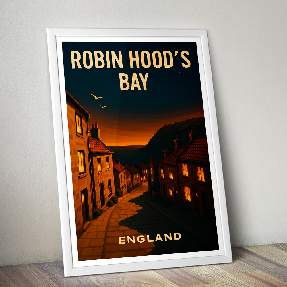 ROBIN HOOD'S BAY HILL AT NIGHT MINIMALIST TRAVEL POSTER NORTH EAST