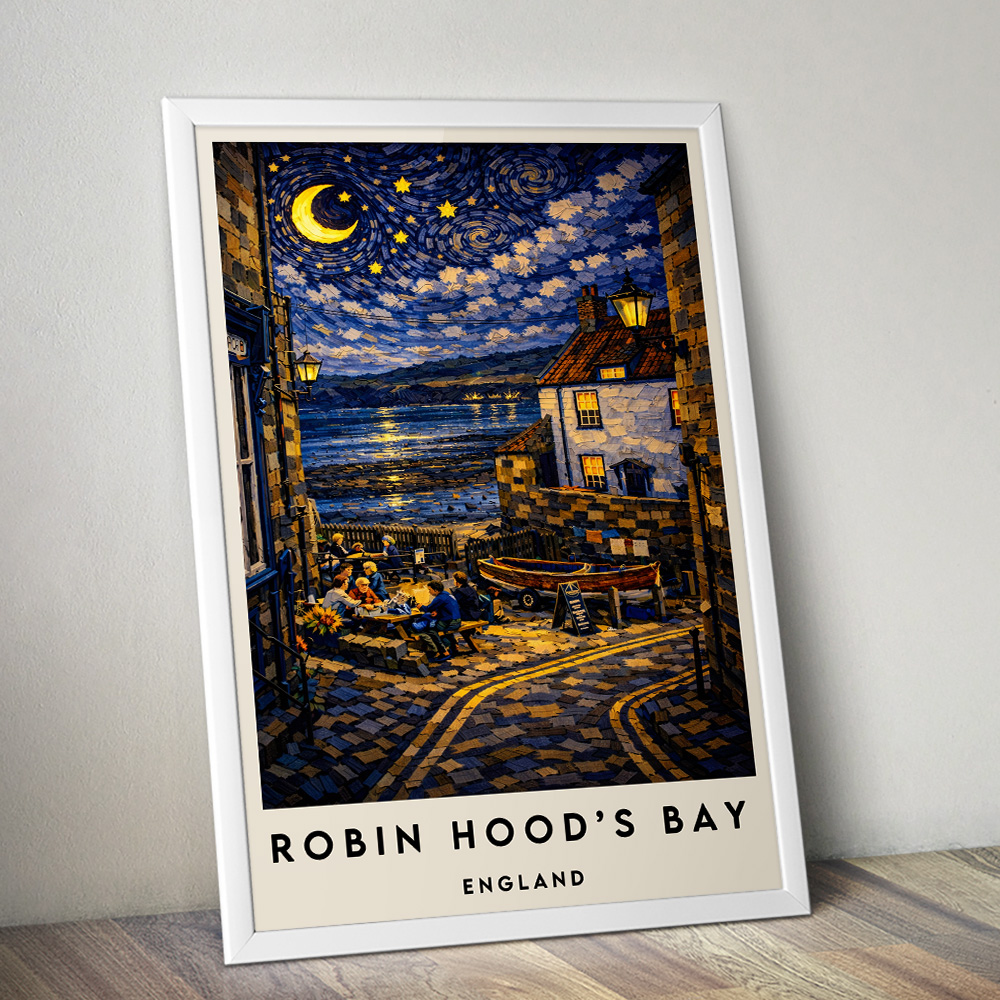 ROBIN HOODS BAY SEA VIEW AT NIGHT VAN GOGH STYLE TRAVEL POSTER NORTH EAST