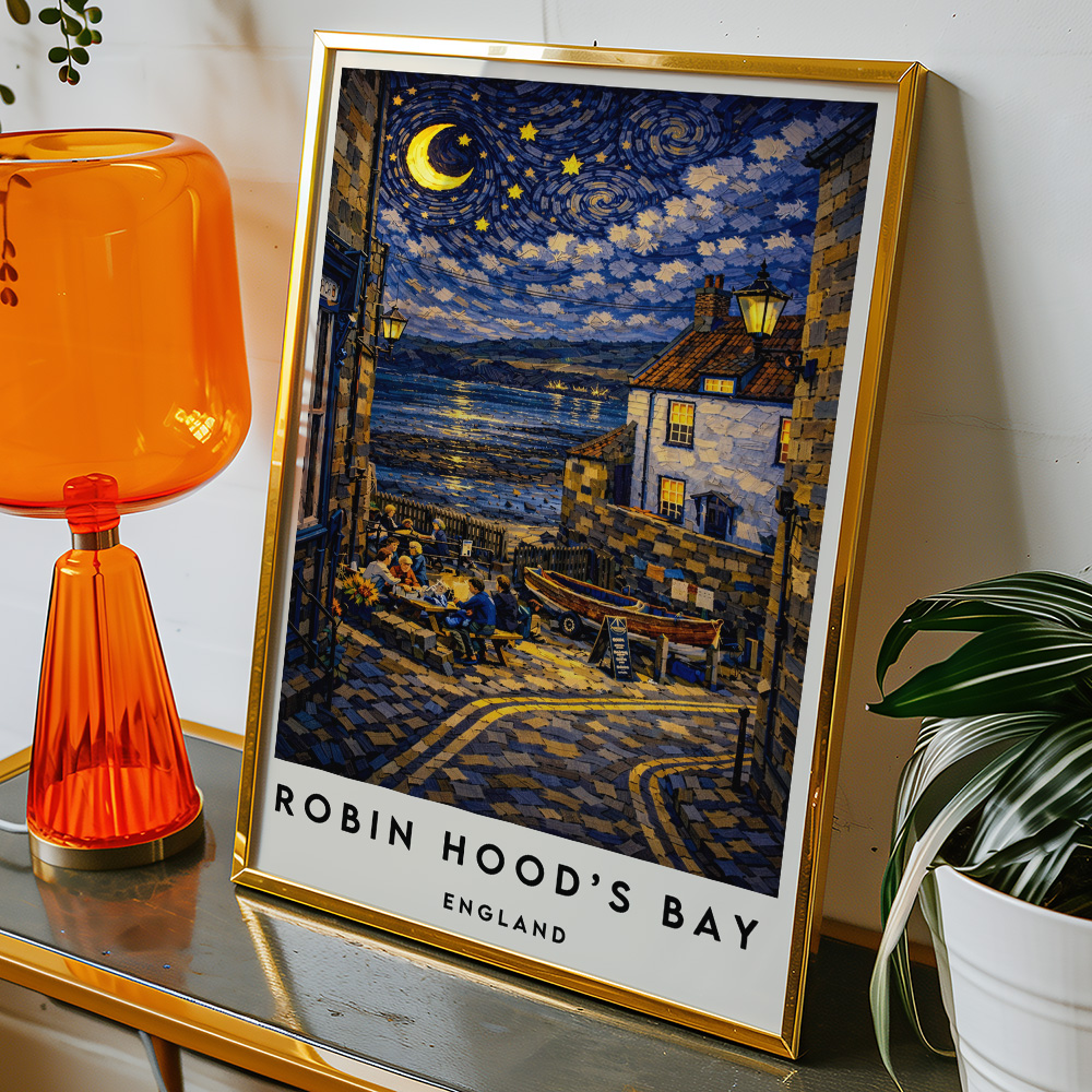 Alternative view of ROBIN HOODS BAY SEA VIEW AT NIGHT VAN GOGH STYLE TRAVEL POSTER NORTH EAST