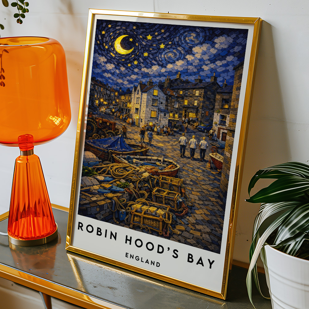 Alternative view of ROBIN HOODS BAY AT NIGHT VAN GOGH STYLE TRAVEL POSTER NORTH EAST