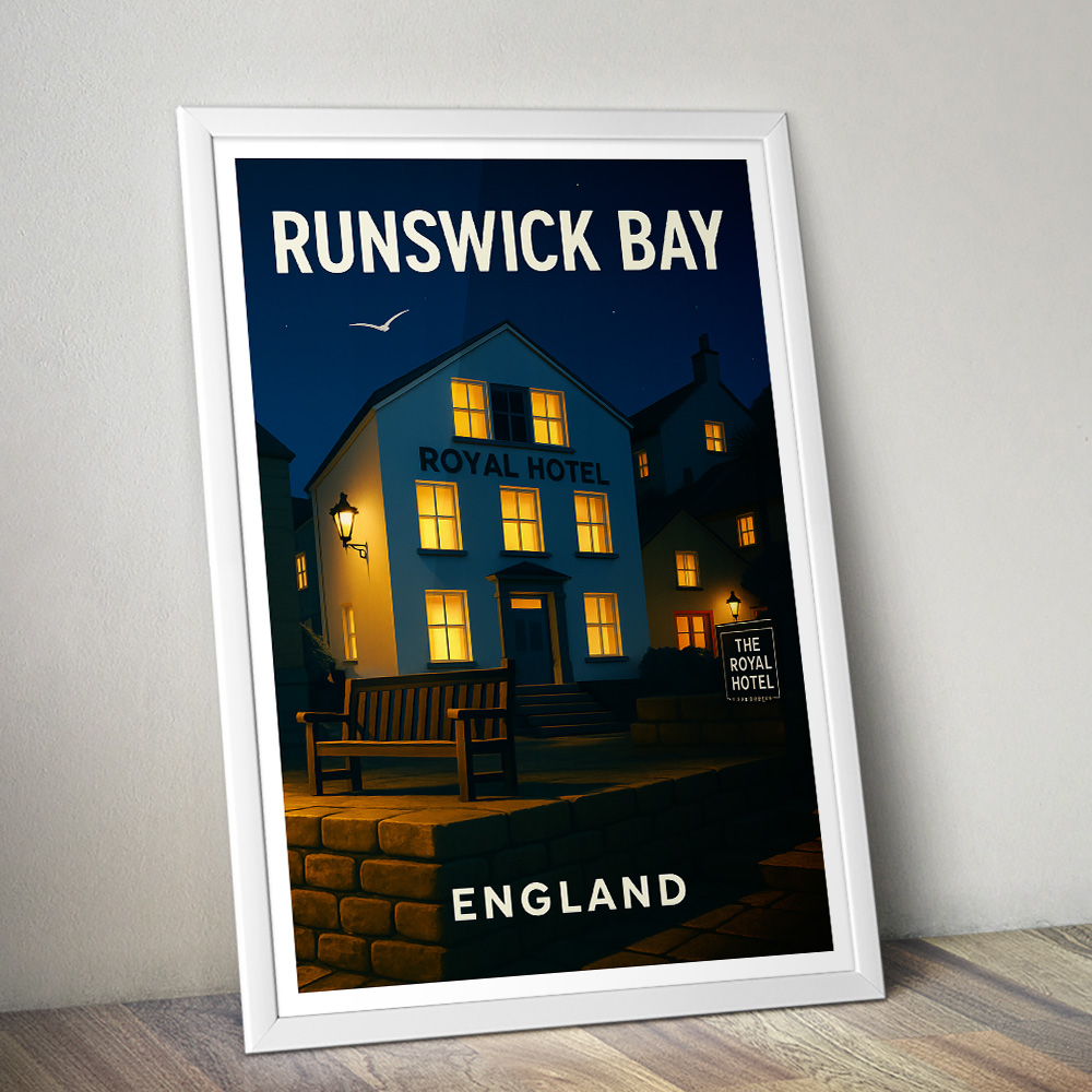 RUNSWICK BAY ROYAL HOTEL AT NIGHT MINIMALIST TRAVEL POSTER NORTH EAST