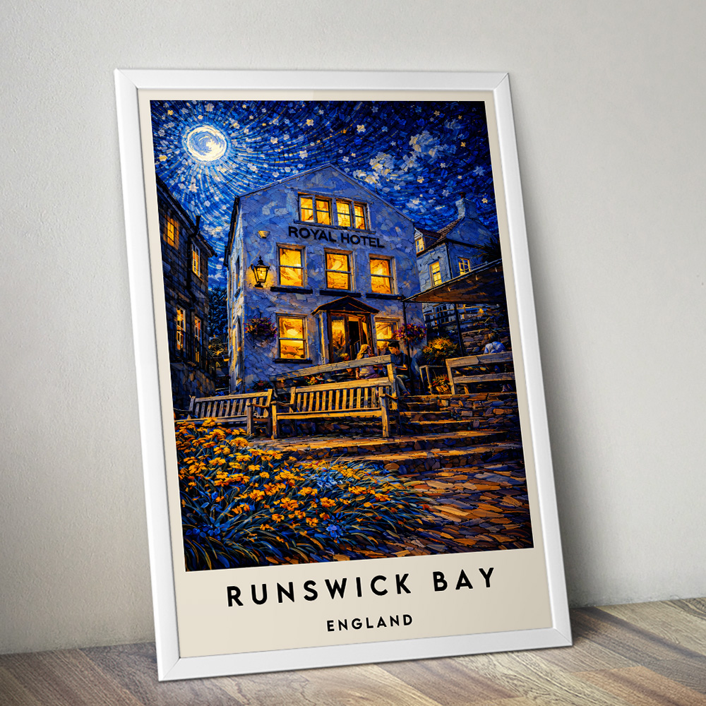 RUNSWICK BAY ROYAL HOTEL AT NIGHT VAN GOGH STYLE TRAVEL POSTER NORTH EAST