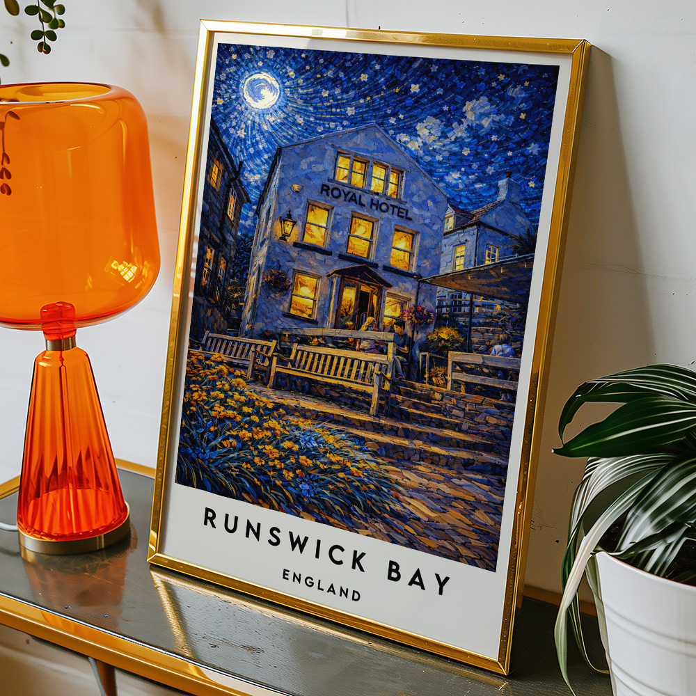 Alternative view of RUNSWICK BAY ROYAL HOTEL AT NIGHT VAN GOGH STYLE TRAVEL POSTER NORTH EAST