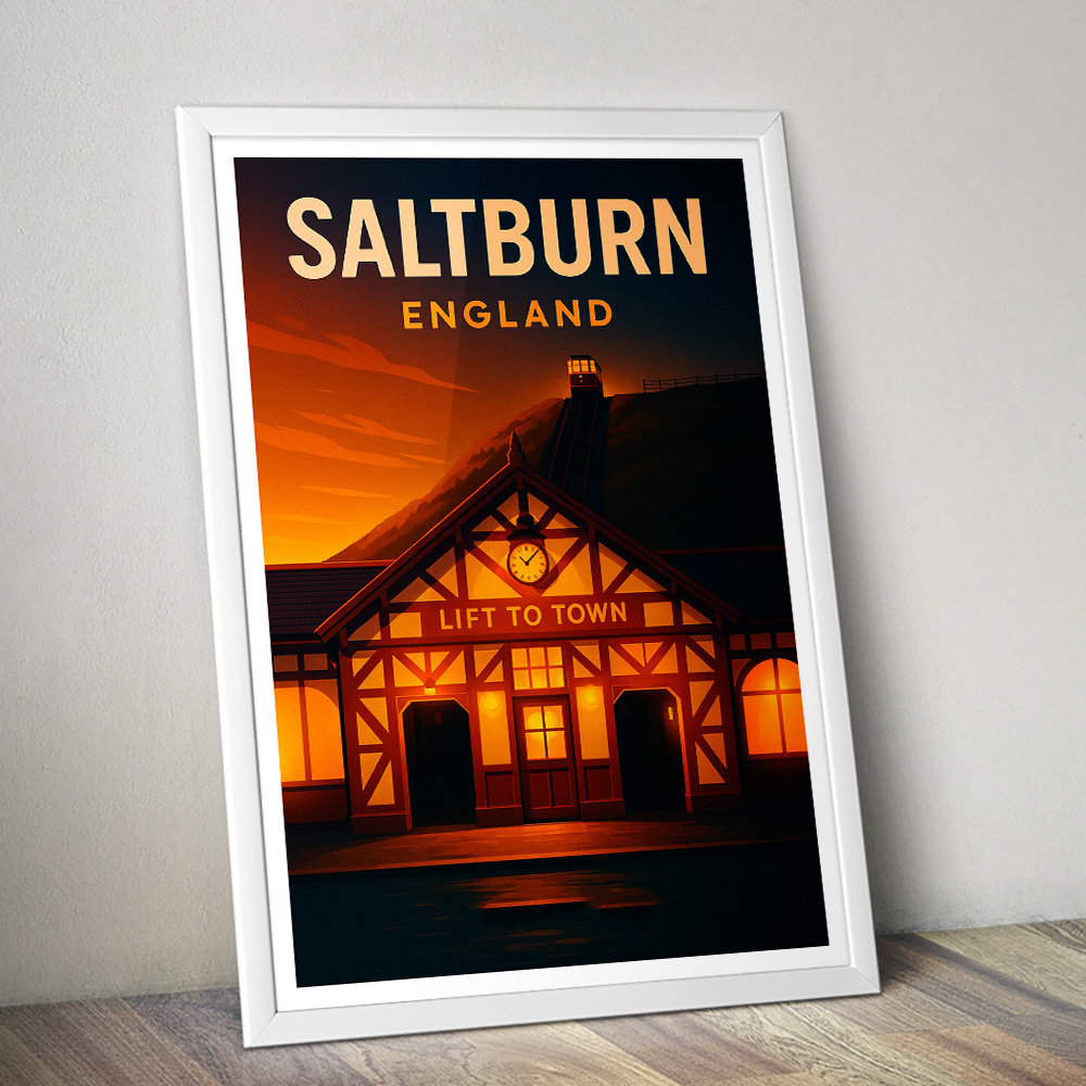 SALTBURN CLIFF LIFT AT SUNSET MINIMALIST TRAVEL POSTER NORTH EAST