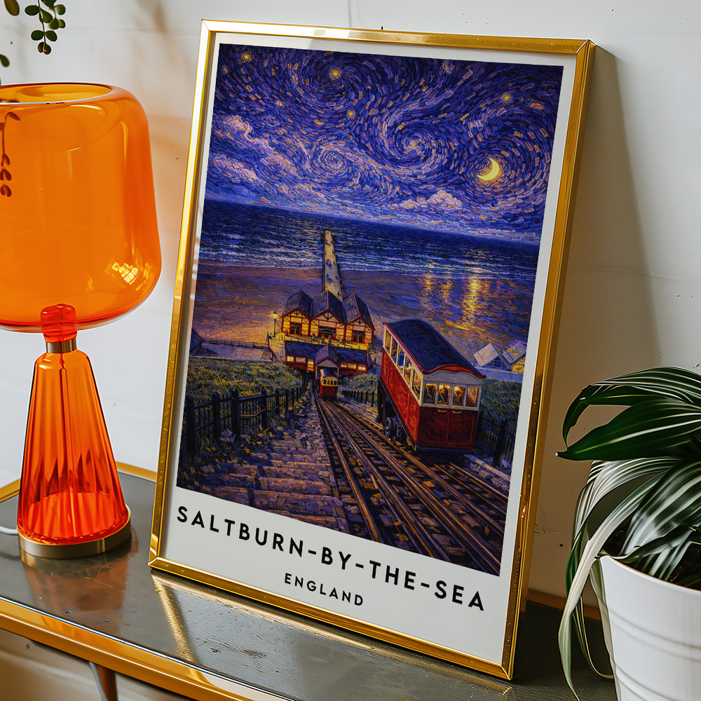 Alternative view of SALTBURN LIFT AT NIGHT VAN GOGH STYLE TRAVEL POSTER NORTH EAST