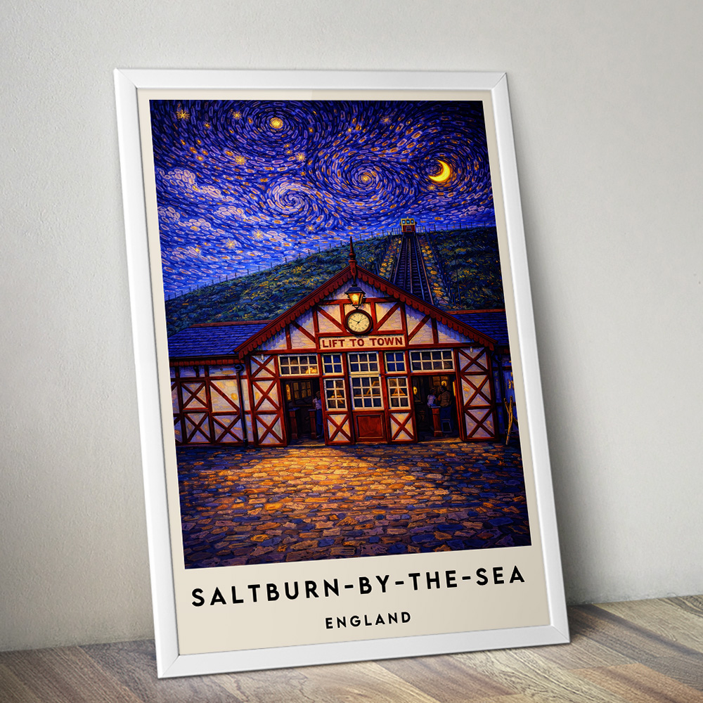 SALTBURN LIFT TO TOWN AT NIGHT VAN GOGH STYLE TRAVEL POSTER NORTH EAST