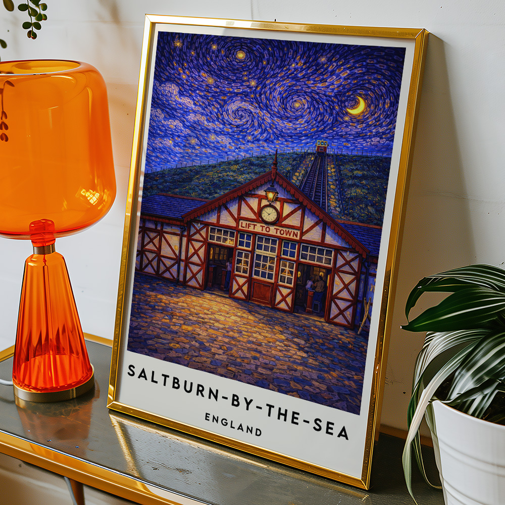 Alternative view of SALTBURN LIFT TO TOWN AT NIGHT VAN GOGH STYLE TRAVEL POSTER NORTH EAST