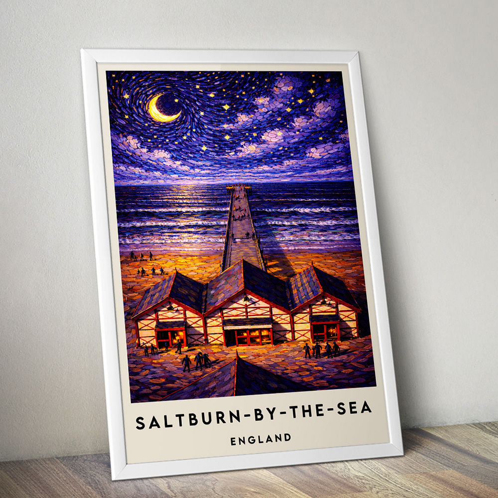 SALTBURN PIER AT NIGHT VAN GOGH STYLE TRAVEL POSTER NORTH EAST