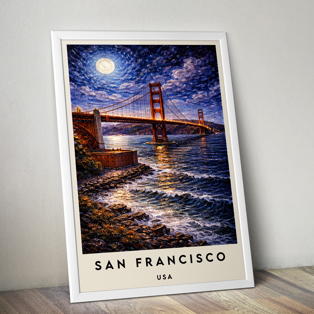 SAN FRANCISCO GOLDEN GATE BRIDGE AT NIGHT VAN GOGH STYLE TRAVEL POSTER