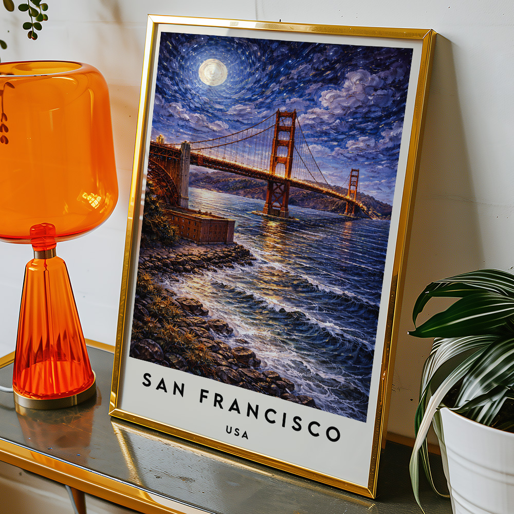 Alternative view of SAN FRANCISCO GOLDEN GATE BRIDGE AT NIGHT VAN GOGH STYLE TRAVEL POSTER