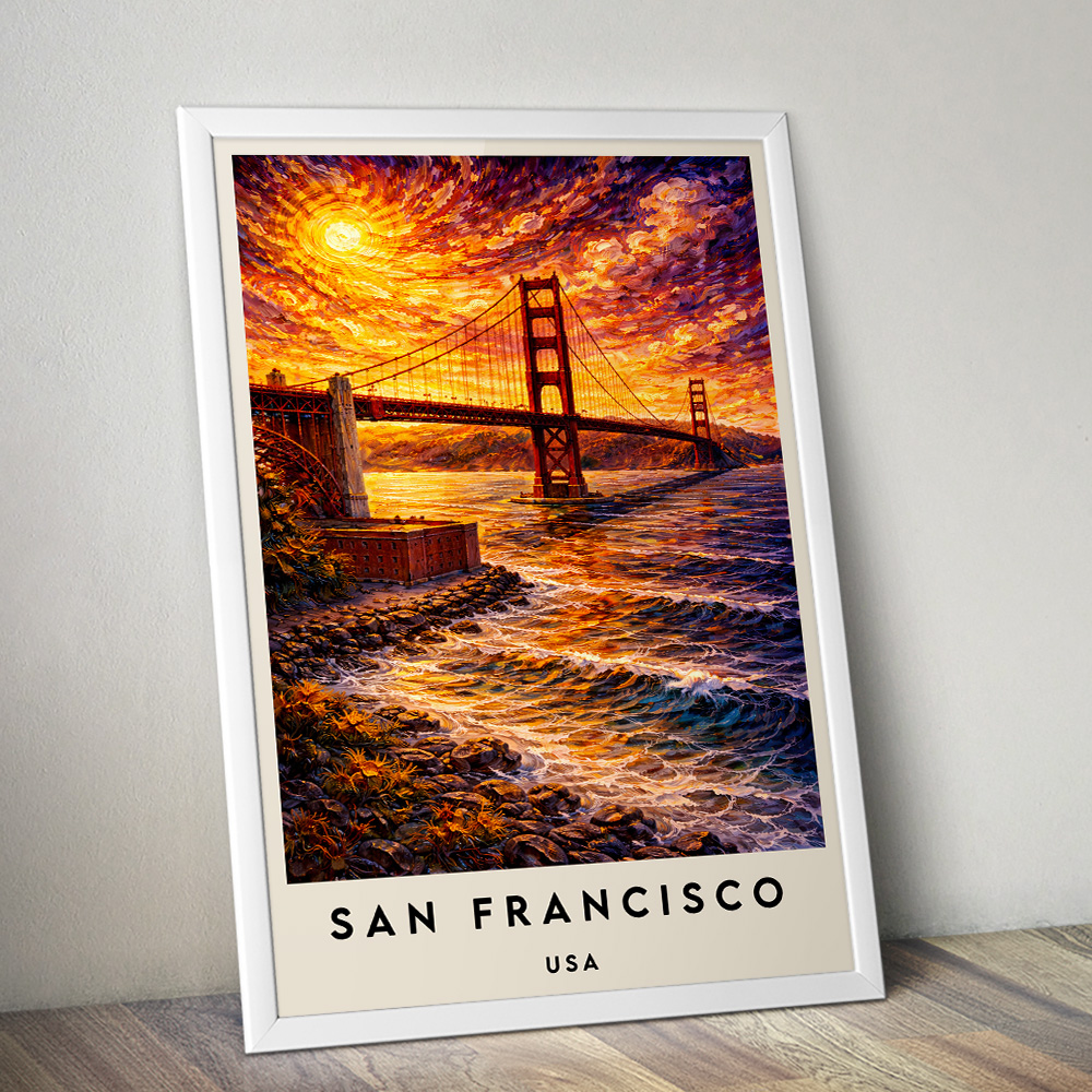SAN FRANCISCO GOLDEN GATE BRIDGE AT SUNSET VAN GOGH STYLE TRAVEL POSTER
