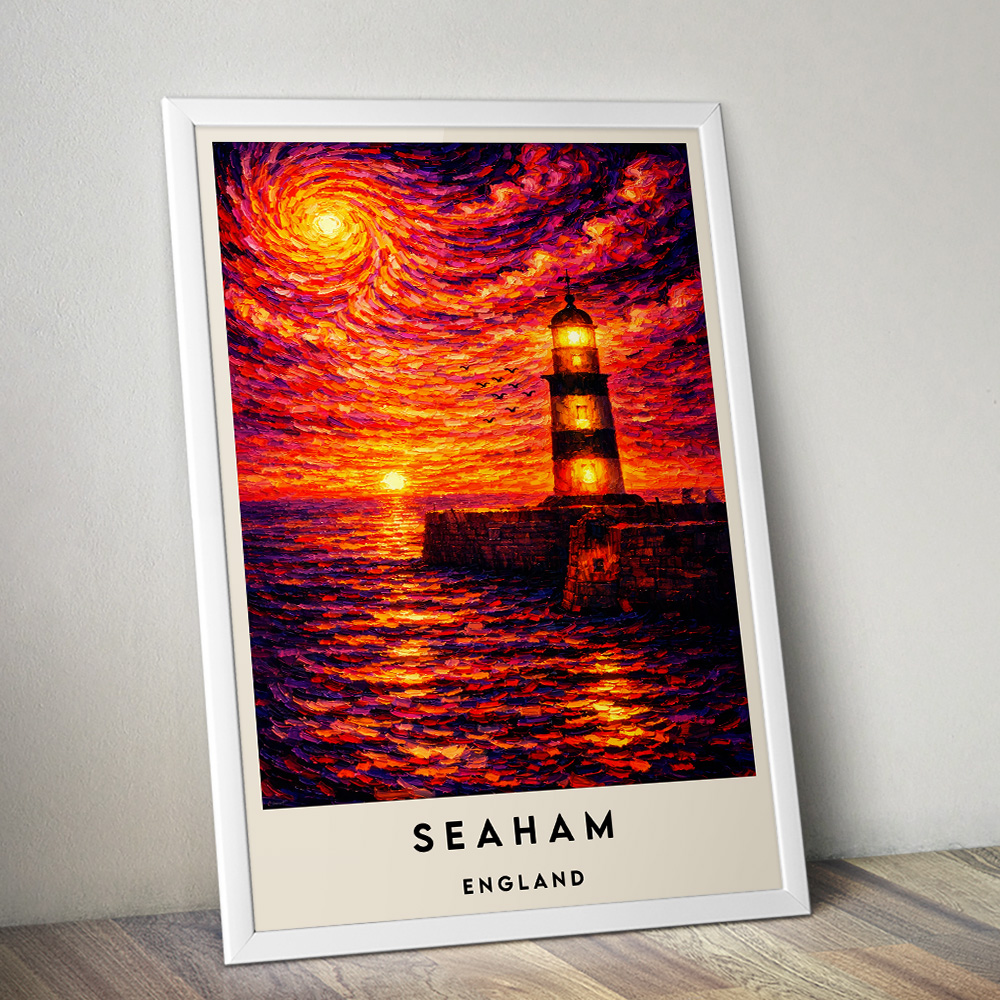 SEAHAM LIGHTHOUSE SUNSET VAN GOGH STYLE TRAVEL POSTER NORTH EAST