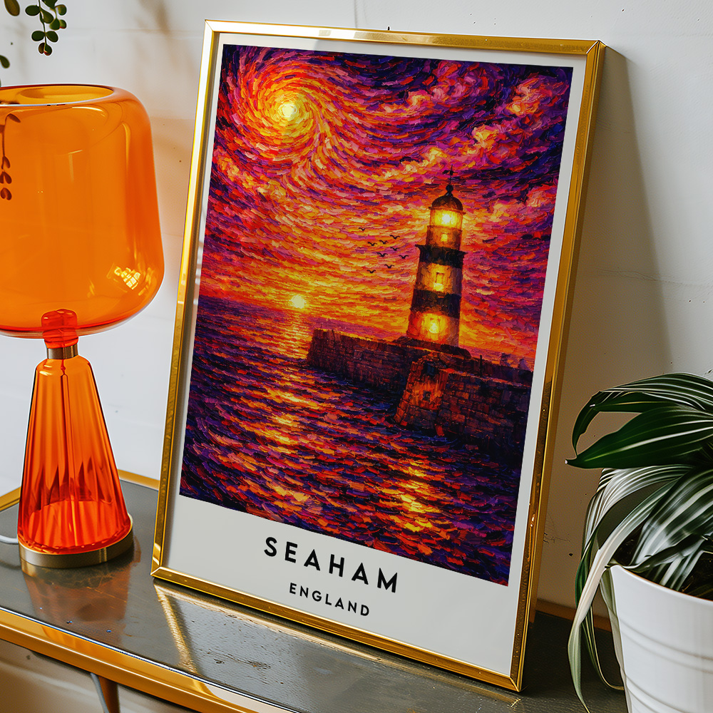 Alternative view of SEAHAM LIGHTHOUSE SUNSET VAN GOGH STYLE TRAVEL POSTER NORTH EAST