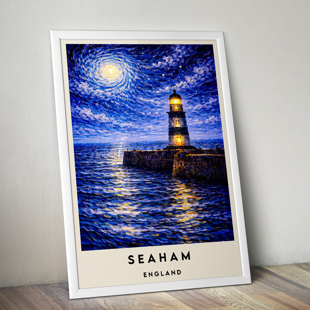 SEAHAM LIGHTHOUSE AT NIGHT VAN GOGH STYLE TRAVEL POSTER NORTH EAST