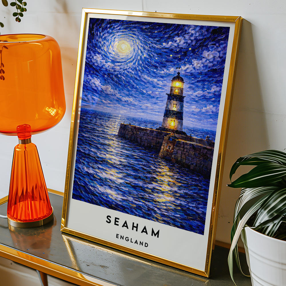 Alternative view of SEAHAM LIGHTHOUSE AT NIGHT VAN GOGH STYLE TRAVEL POSTER NORTH EAST