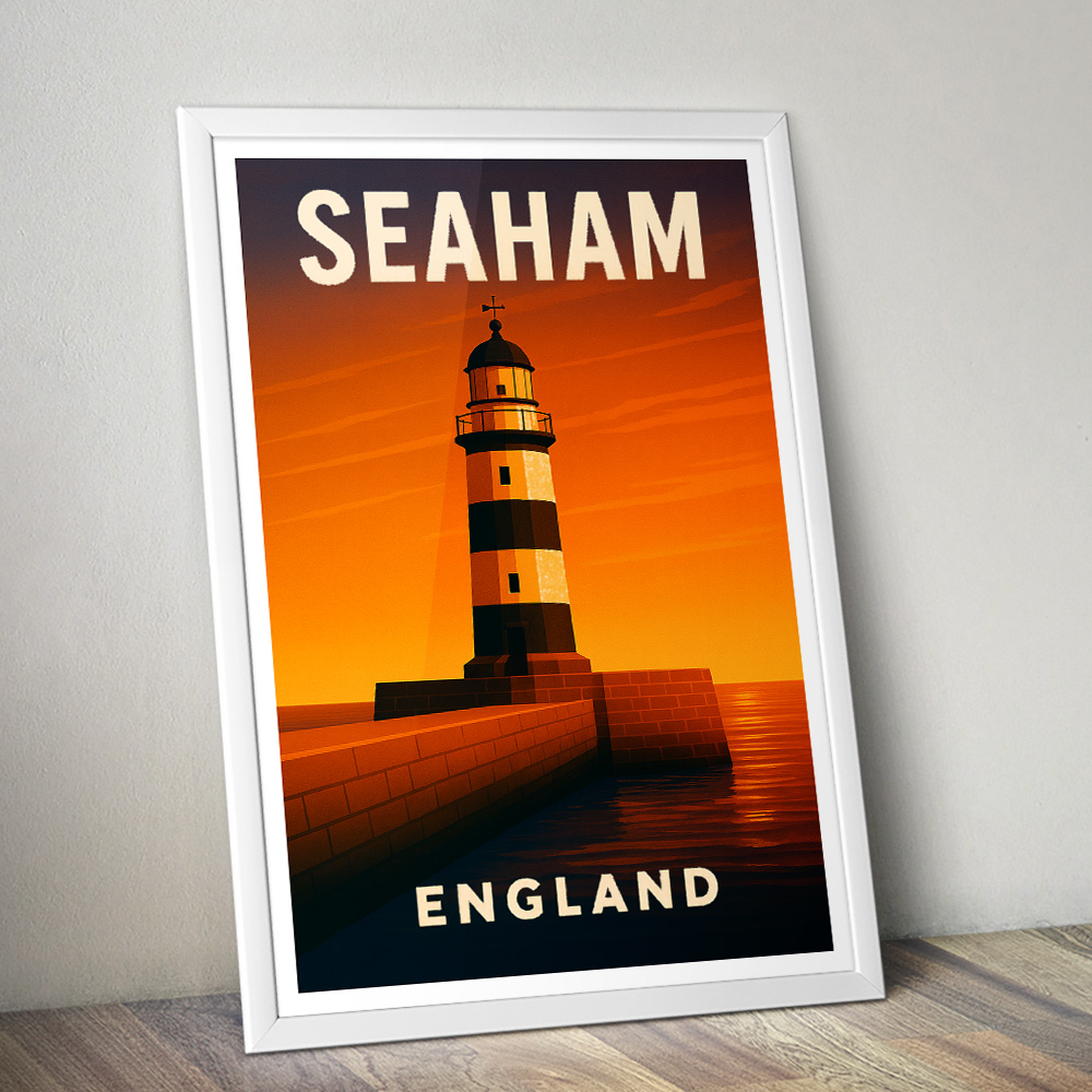SEAHAM LIGHTHOUSE AT SUNSET MINIMALIST TRAVEL POSTER NORTH EAST