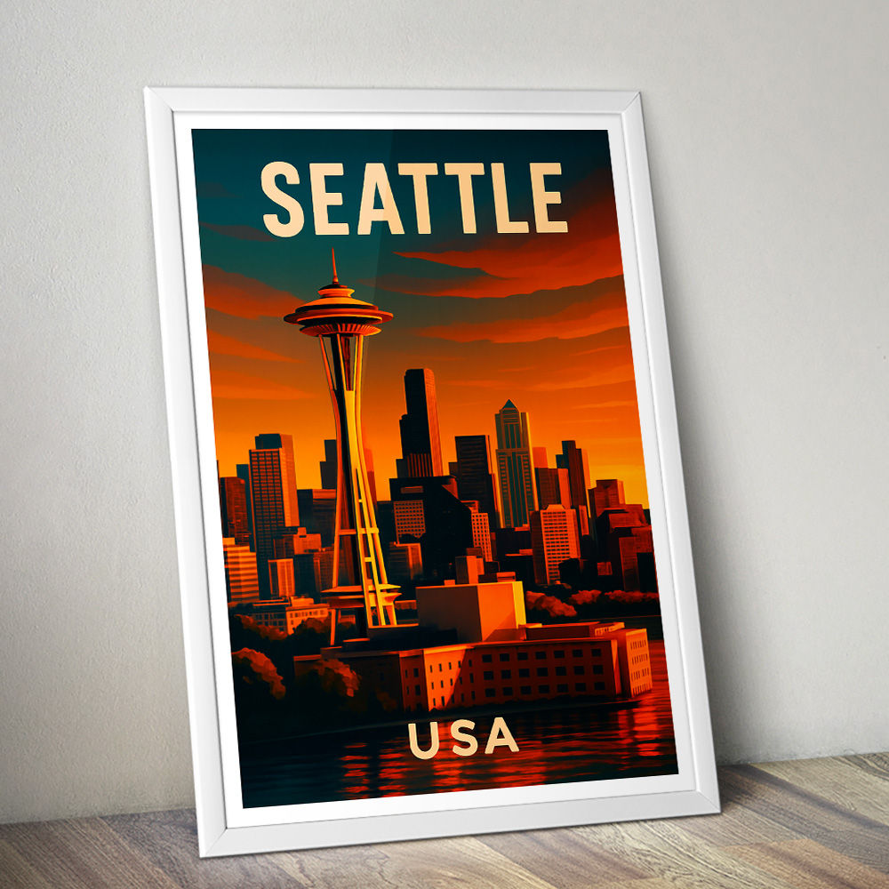 SEATTLE SKYLINE SUNSET MINIMALIST TRAVEL POSTER
