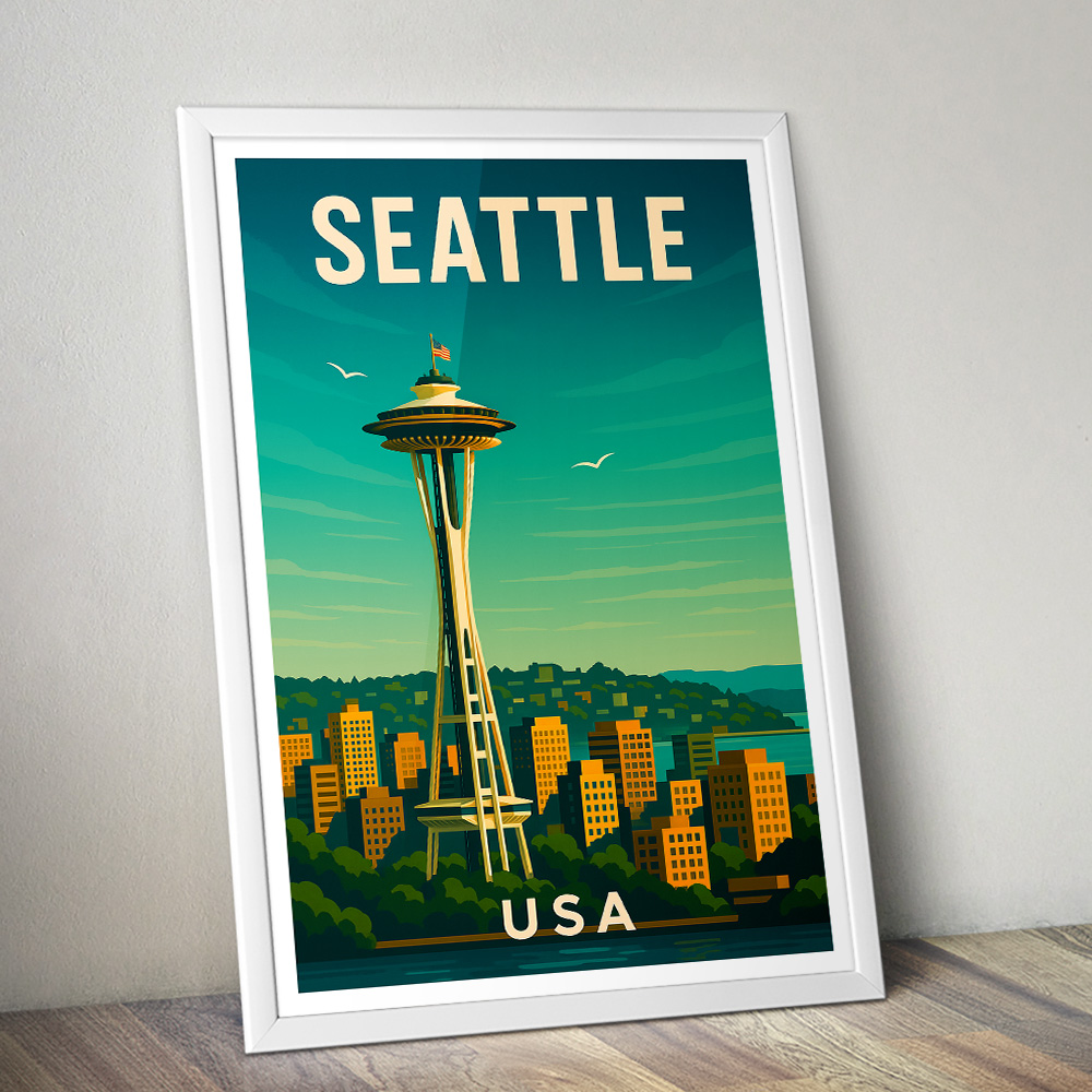 SEATTLE SKYLINE AND SPACE NEEDLE MINIMALIST TRAVEL POSTER