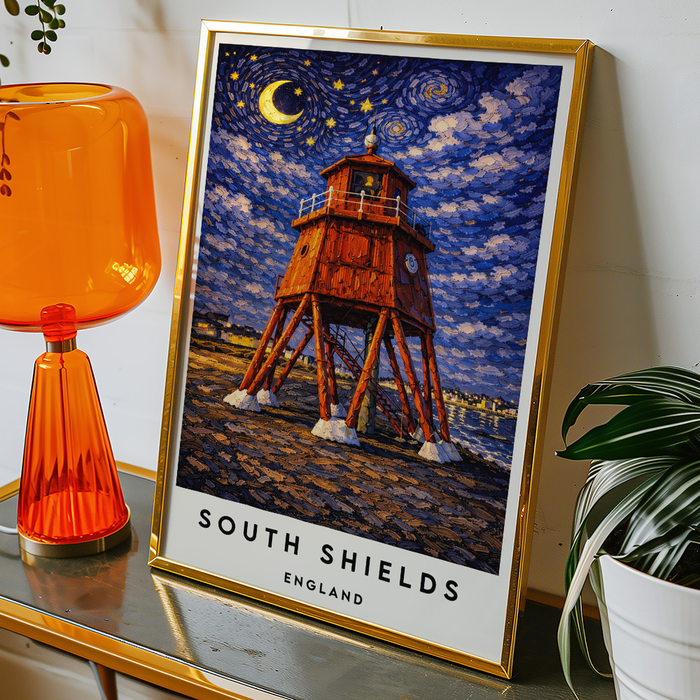 Alternative view of SOUTH SHIELDS LIGHTHOUSE AT NIGHT VAN GOGH STYLE TRAVEL POSTER NORTH EAST