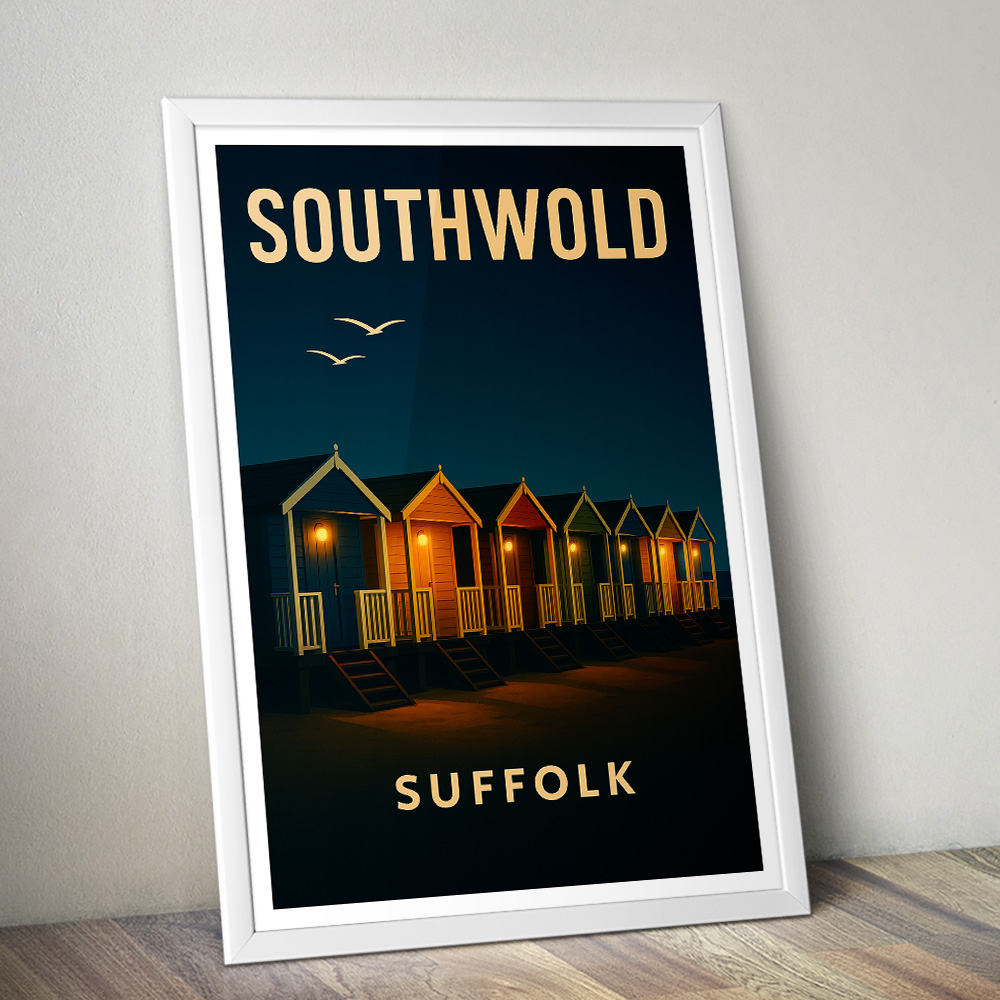SOUTHWOLD BEACH HUTS AT NIGHT MINIMALIST TRAVEL POSTER