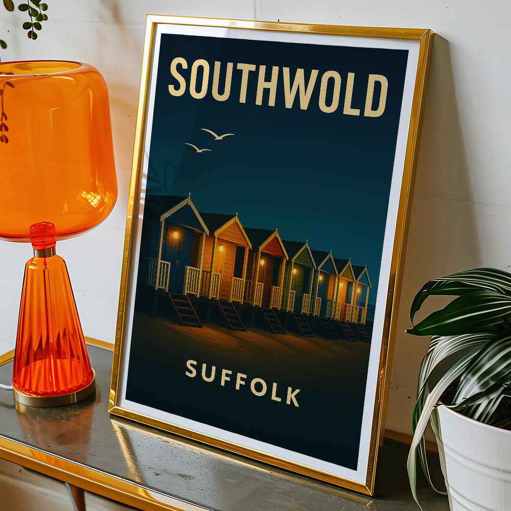 Alternative view of SOUTHWOLD BEACH HUTS AT NIGHT MINIMALIST TRAVEL POSTER