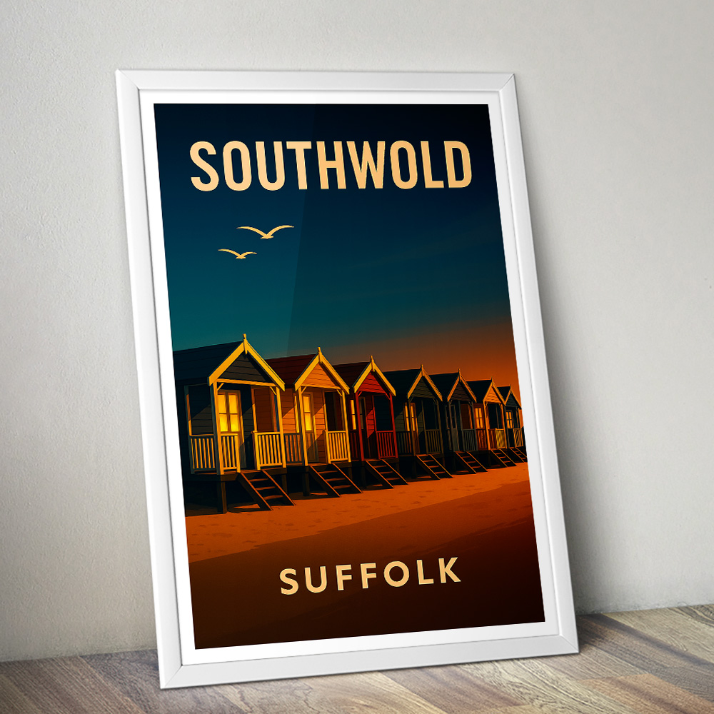 SOUTHWOLD BEACH HUTS AT SUNSET MINIMALIST TRAVEL POSTER