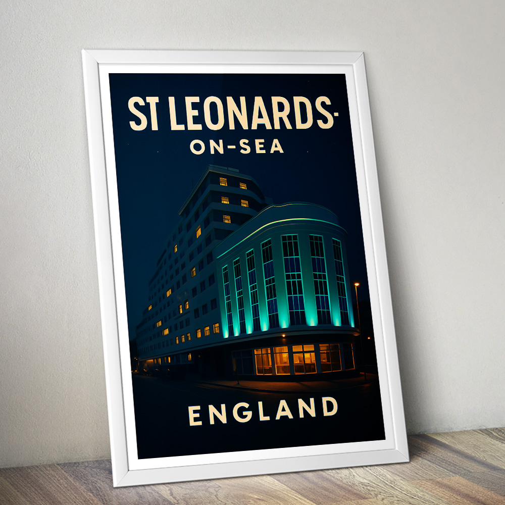 ST LEONARDS-ON-SEA MARINE COURT AT NIGHT MINIMALIST TRAVEL POSTER